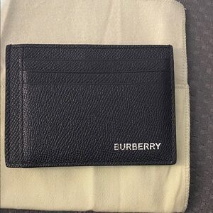 Burberry Black Pebbled Leather Card Holder with Silver Logo